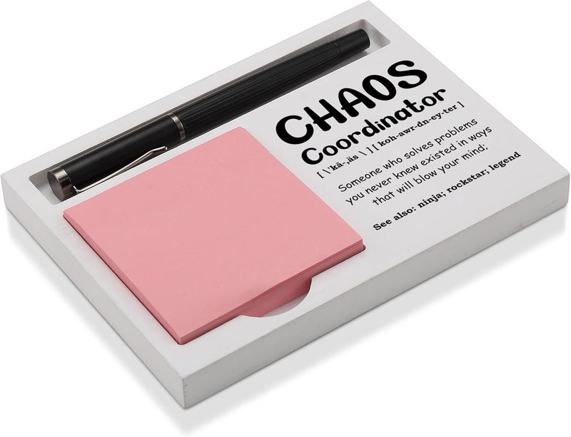 CINRLLA Chaos Coordinator Desk Note Holder Funny Gift for Coworker Boss Assistant, White Wood Sticky Note and Pen Tray, Office Organizer Decor for Women Men, Admin Appreciation Gift, NPB603 - Image 1